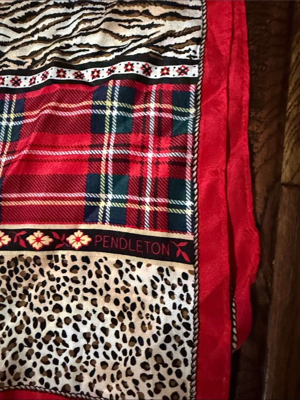 Pendleton Red Plaid Scarf with Tiger & Leopard Panels